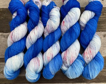 Virgo: Fingering weight 4ply sock yarn hand dyed in blue and multicoloured speckles, lapis lazuli and moonstone inspired, zodiac theme