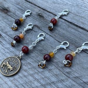 Aries stitch markers: Zodiac collection sets of six stitch keepers, progress keepers, with genuine carnelian and apple jasper beads