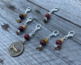 Aries stitch markers: Zodiac collection sets of six stitch keepers, progress keepers, with genuine carnelian and apple jasper beads