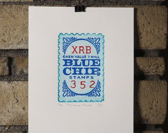 Blue Chip Stamp Linocut Print