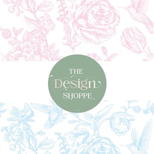 Peut inclure: Motif floral avec des illustrations roses et bleues de fleurs et de colibris sur fond blanc. Le texte "THE DESIGN SHOPPE" est dans un cercle vert. Un design décoratif pour diverses applications.