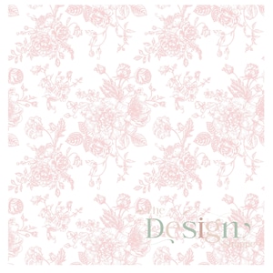 Può includere: Un motivo ripetuto di rose rosa e altri elementi floreali su sfondo bianco. Il design presenta disegni a tratteggio dettagliati di fiori e fogliame, creando un'estetica vintage. Il testo "the Design Shoppe" si trova nell'angolo in basso a destra.