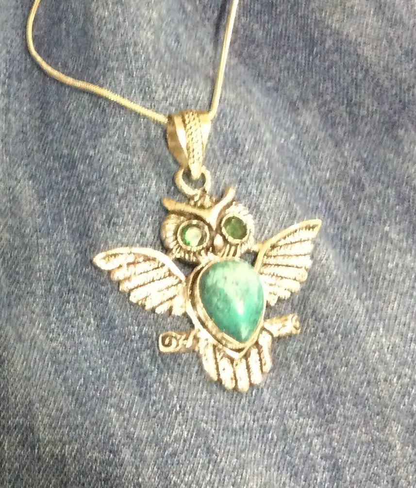 Turquoise and silver owl pendant