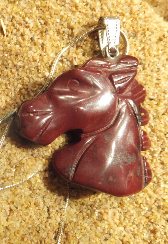 Hand Carved Red Jasper Horse Pendant with 30 inch 