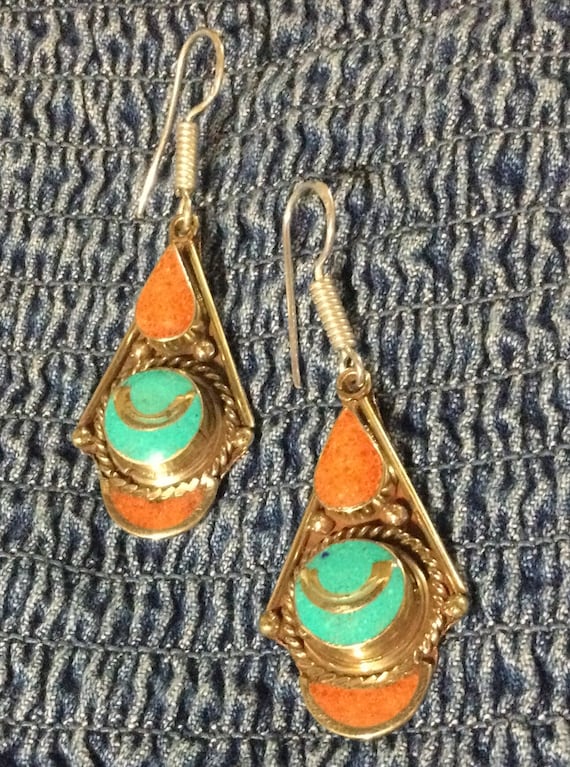 Carnelian and Turquoise Tibetan Earrings - image 1