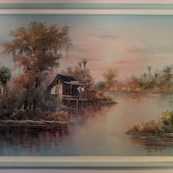 Original Large Riverscape Painting Bait Shop by Florida Artist W. Riley