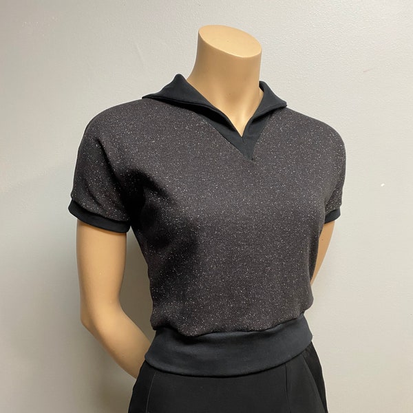 Schwarz & Silber Lurex Frauen Poloshirt , 50er Jahre Repro Top, Rockabilly style Kleidung S/M