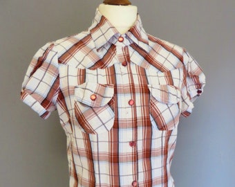 Vintage Woman blouse , tartan brown shirt S/M