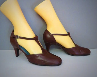 chaussures en cuir de mary jane bruns de femmes vintage