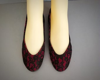 Vintage ballerine plate rouge foncé et noir dentelle déco 35 UE