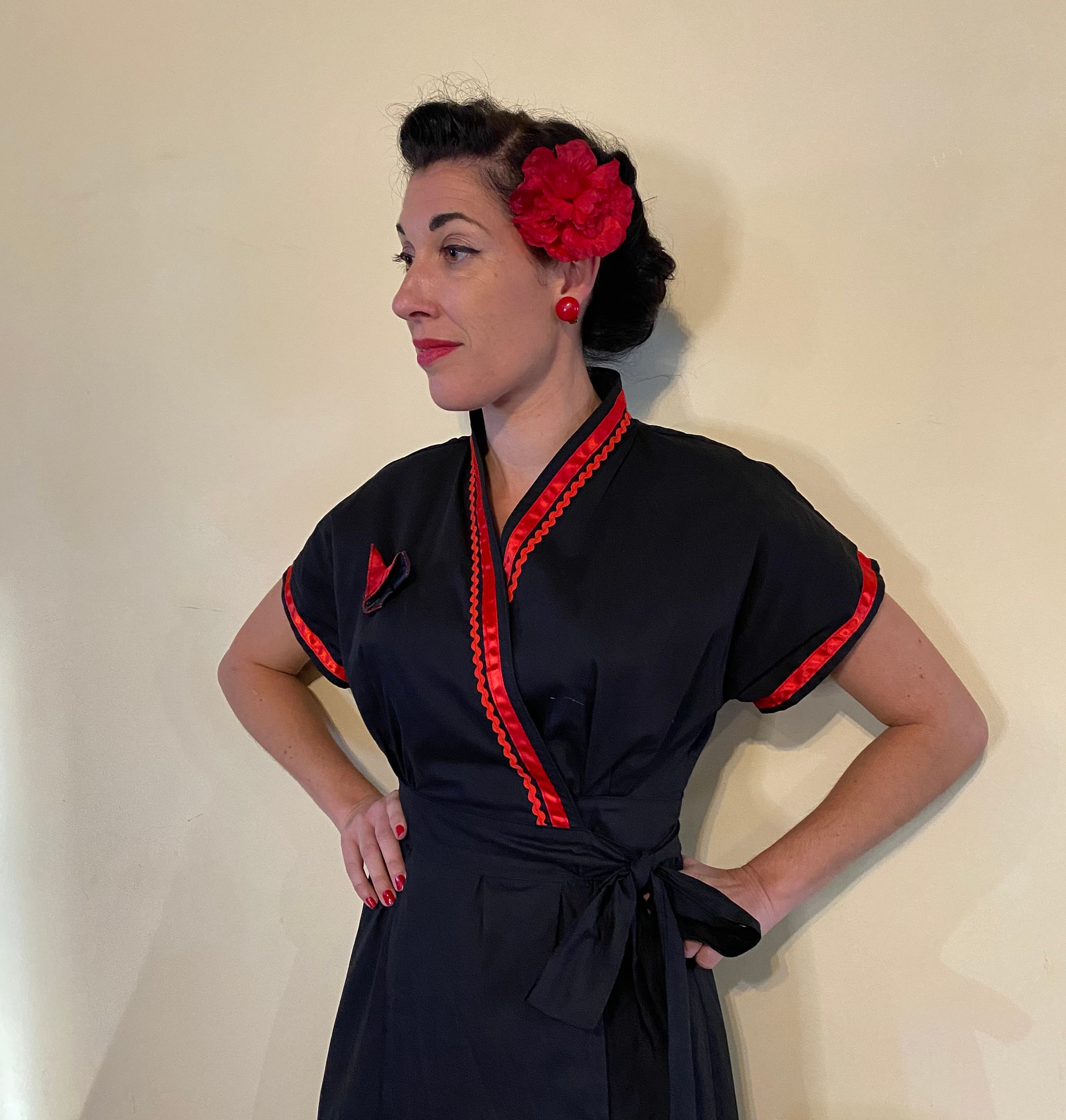 red and black kimono dress Black & Red Kimono Style Dress , Handmade Creation , Size Small