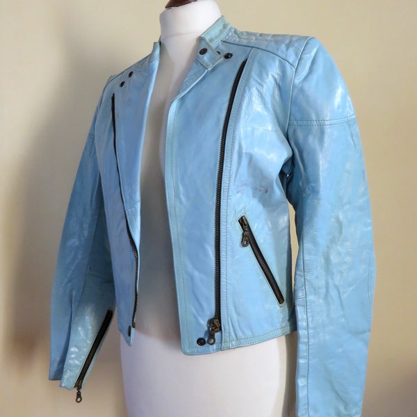 veste moto vintage années 80/90 bleu ciel style perfecto par ARIDZA BROSS