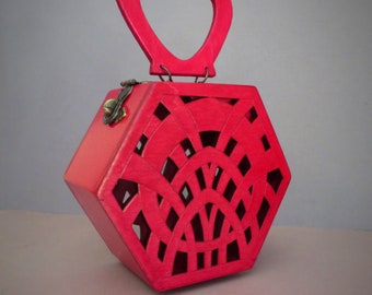 Pink red Wooden Art Deco Handbag , vintage inspired bag , Handmade by Vandthewolf