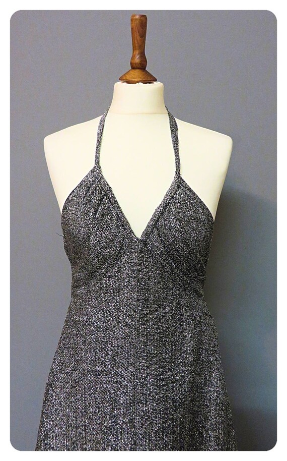 Vintage 1970s evening long Dress Silver Lamé Xsma