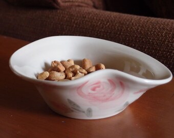 Freeform Ceramic Bowl, Hand Painted Dish - Pink Roses - Wheel Thrown & Altered for Flowers Nuts Candy Home Décor