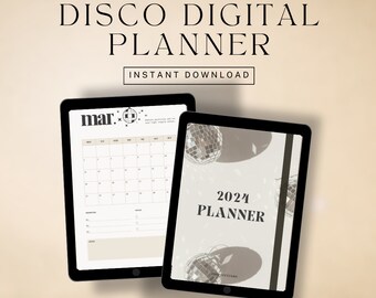 May include: A digital planner with a disco ball theme. The planner includes a calendar page for March and a 2024 planner page. The planner is available for instant download.