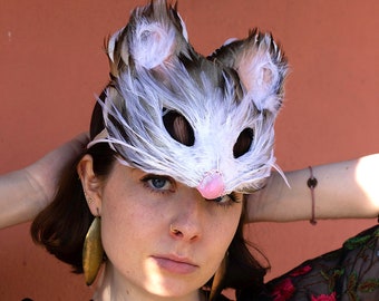 Luxury Grey Mouse Mask, Unisex Mouse Mask, Grey Mouse Headdress, Gray Mouse Cosplay, Masquerade Mask, Feather Mask, Animal Costume Mask