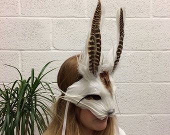 Luxury White & Brown Rabbit Mask, Unisex Bunny Headdress, Hare Mask, Feather Animal Mask, Alice In Wonderland, Masquerade Mask, Cosplay