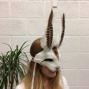 Luxury White & Brown Rabbit Mask, Unisex Bunny Headdress, Hare Mask, Feather Animal Mask, Alice In Wonderland, Masquerade Mask, Cosplay image 1