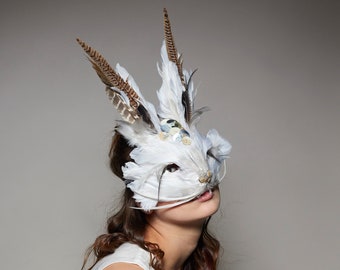 Luxury Embellished Mother Of Pearl White Rabbit Mask, Unisex Feather Hare, Headdress, Christmas Mask, Alice In Wonderland Mask, Zootopia