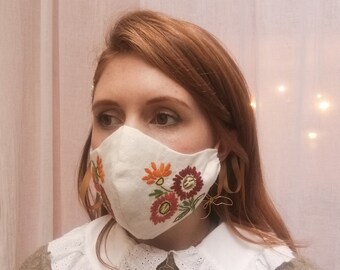 Limited Edition Zero Waste Eco Floral Hand Embroidered Face Mask Covering - includes two sets of ribbon ties in colours of your choice