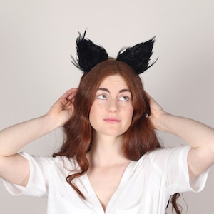 Black Cat Ears, Animal Ears, Cat Ears, Cat Headband, Animal Costume, Feather Headband, Feather Ears, Fancy Dress Costume image 1