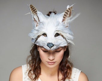 Luxury White Feather Fox Mask, Unisex Adult Fox Mask, Woodland Animal, Festival Headdress, Arctic Fox Mask, Masquerade, Halloween Mask