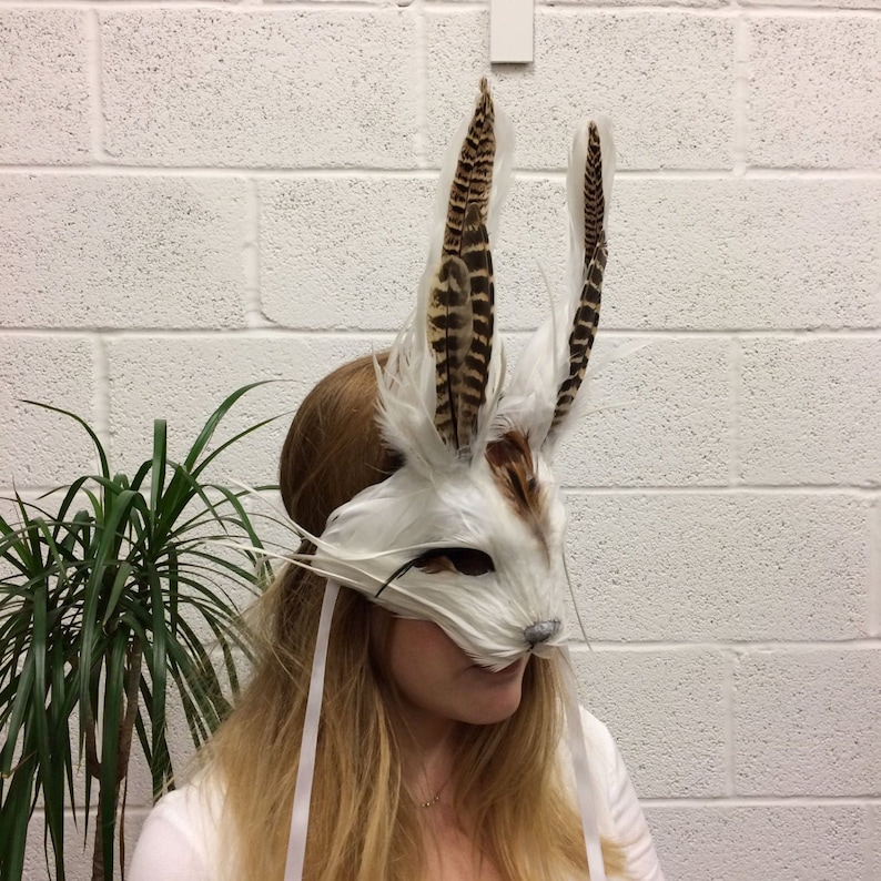 Luxury White & Brown Rabbit Mask, Unisex Bunny Headdress, Hare Mask, Feather Animal Mask, Alice In Wonderland, Masquerade Mask, Cosplay image 1