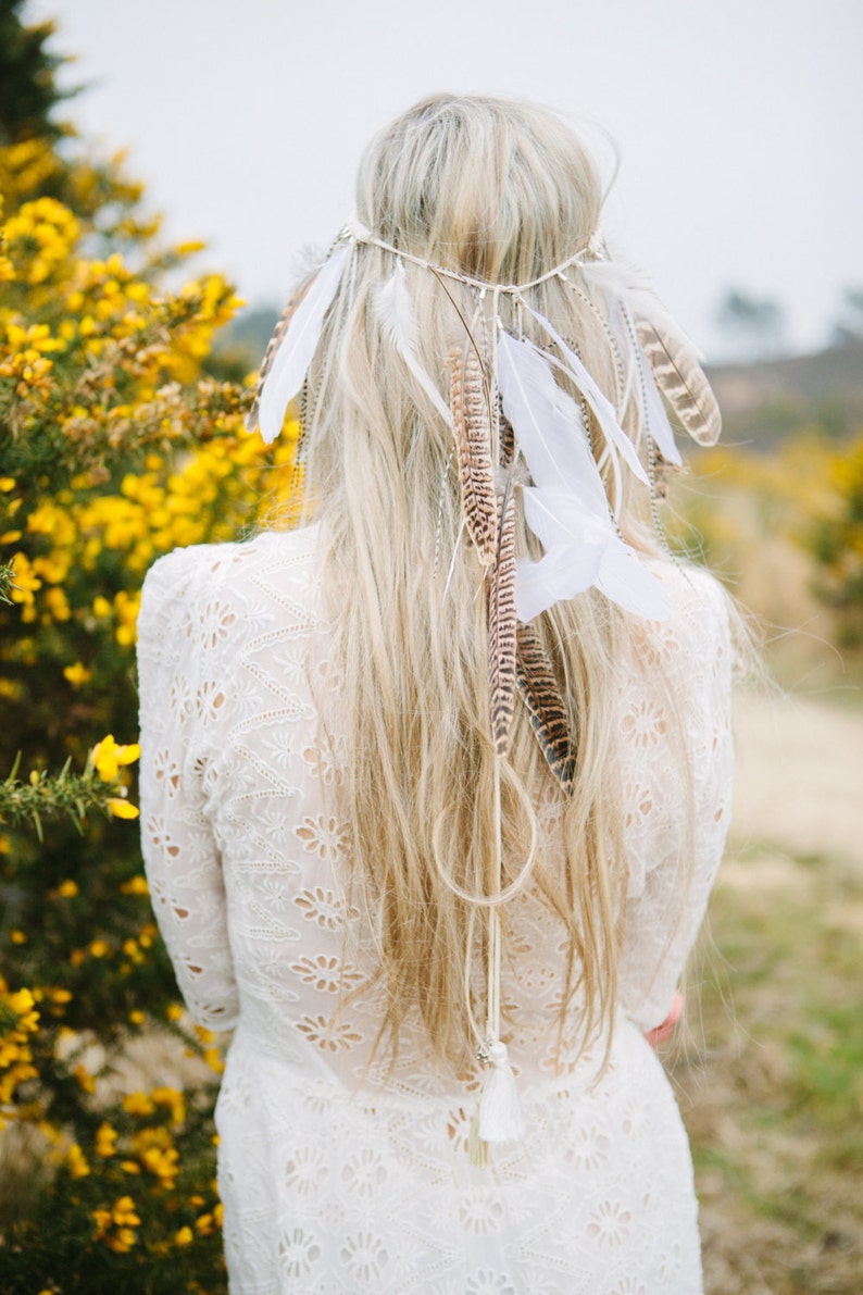 Falling Wild Feather & Braid Headdress Bridal Headpiece | Etsy