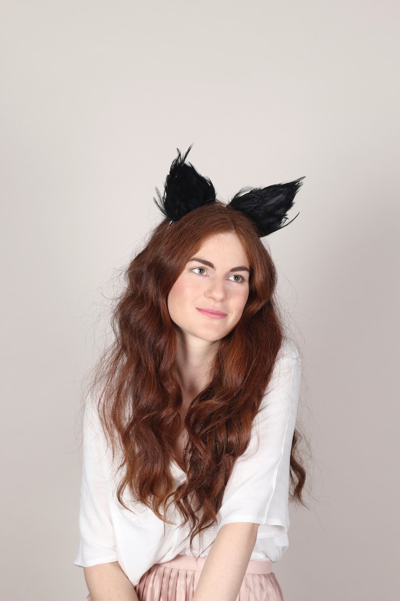 Black Cat Ears, Animal Ears, Cat Ears, Cat Headband, Animal Costume, Feather Headband, Feather Ears, Fancy Dress Costume image 2