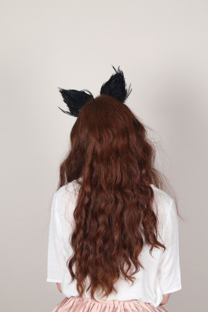 Black Cat Ears, Animal Ears, Cat Ears, Cat Headband, Animal Costume, Feather Headband, Feather Ears, Fancy Dress Costume image 3