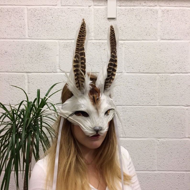 Luxury White & Brown Rabbit Mask, Unisex Bunny Headdress, Hare Mask, Feather Animal Mask, Alice In Wonderland, Masquerade Mask, Cosplay image 4