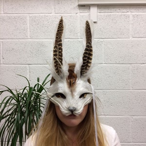 Luxury White & Brown Rabbit Mask, Unisex Bunny Headdress, Hare Mask, Feather Animal Mask, Alice In Wonderland, Masquerade Mask, Cosplay image 5