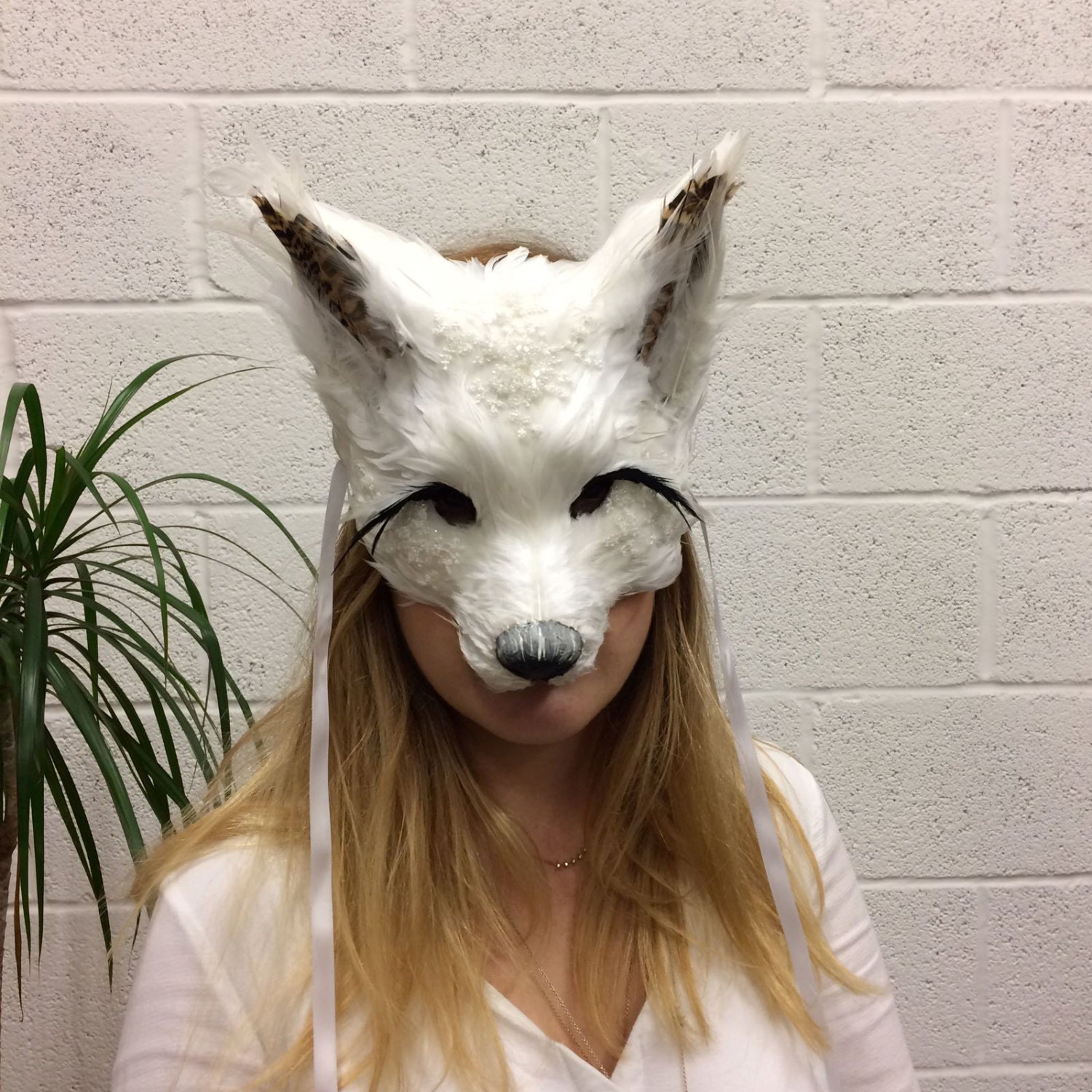 Luxury Lace Embellished Feather Fox Mask Unisex Woodland Animal