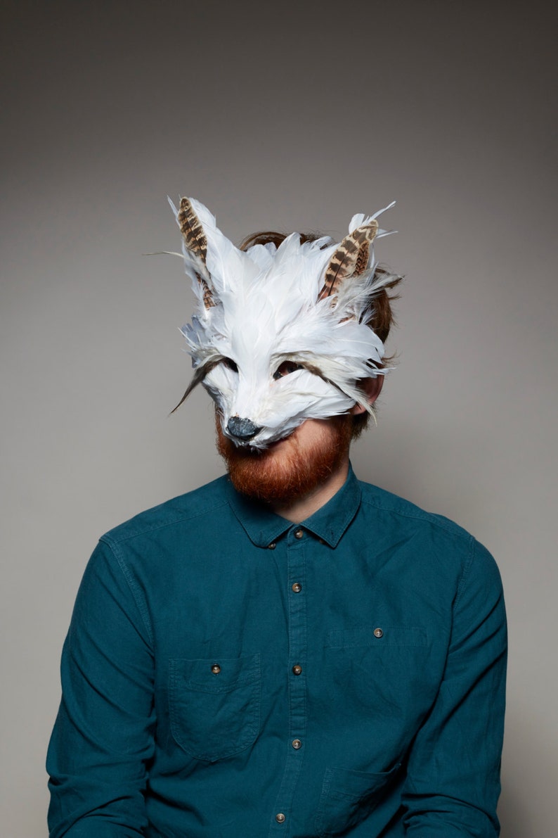 Luxury White Feather Fox Mask, Unisex Adult Fox Mask, Woodland Animal, Festival Headdress, Arctic Fox Mask, Masquerade, Halloween Mask image 5