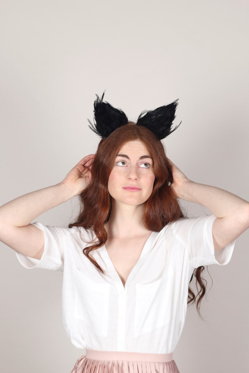 Black Cat Ears, Animal Ears, Cat Ears, Cat Headband, Animal Costume, Feather Headband, Feather Ears, Fancy Dress Costume image 1