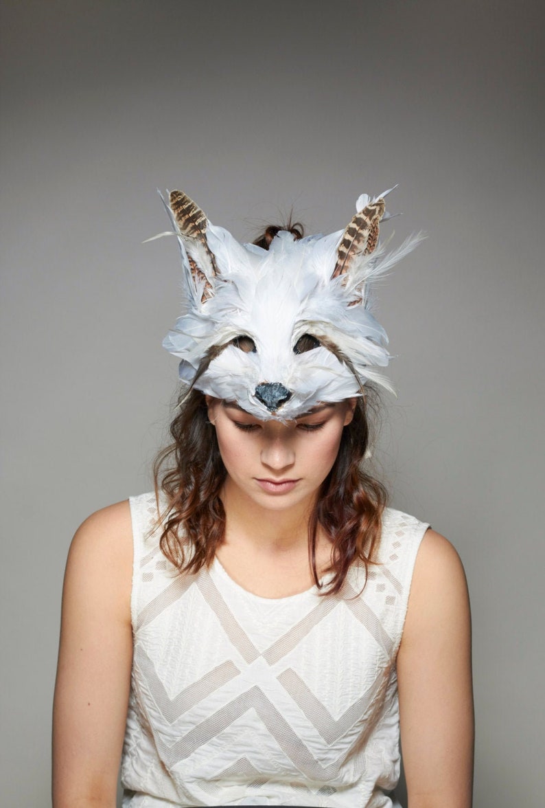 Luxury White Feather Fox Mask, Unisex Adult Fox Mask, Woodland Animal, Festival Headdress, Arctic Fox Mask, Masquerade, Halloween Mask image 1