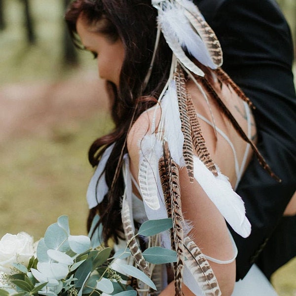 Long Wild Feather Veil (120cm), Bridal Veil, Boho Feather Headpiece, Wedding Headpiece, Boho Wedding Accessory,  Boho Feather Headdress