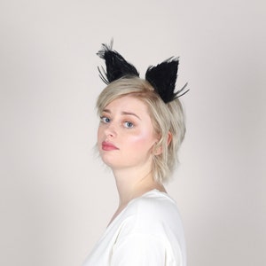 Black Cat Ears, Animal Ears, Cat Ears, Cat Headband, Animal Costume, Feather Headband, Feather Ears, Fancy Dress Costume image 4