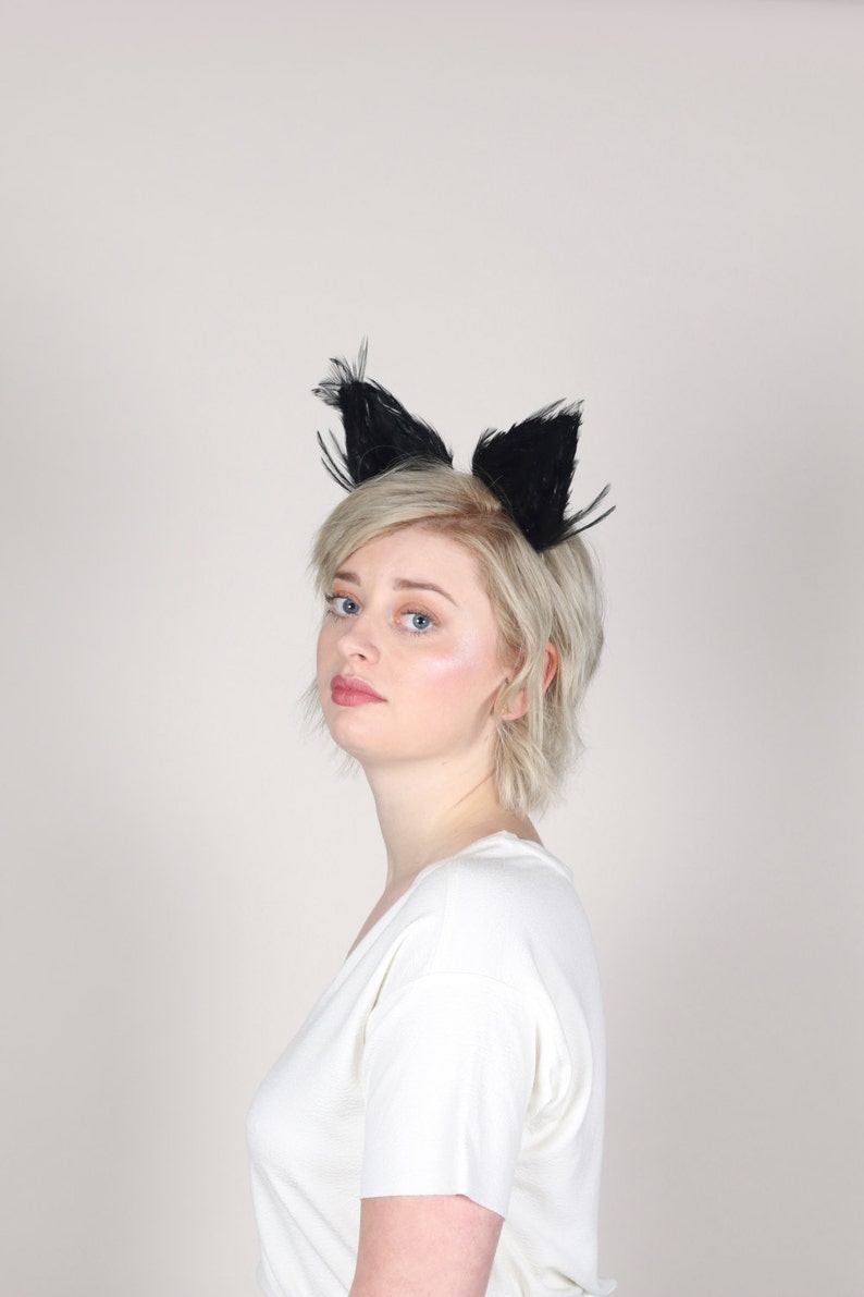 Black Cat Ears, Animal Ears, Cat Ears, Cat Headband, Animal Costume, Feather Headband, Feather Ears, Fancy Dress Costume image 4