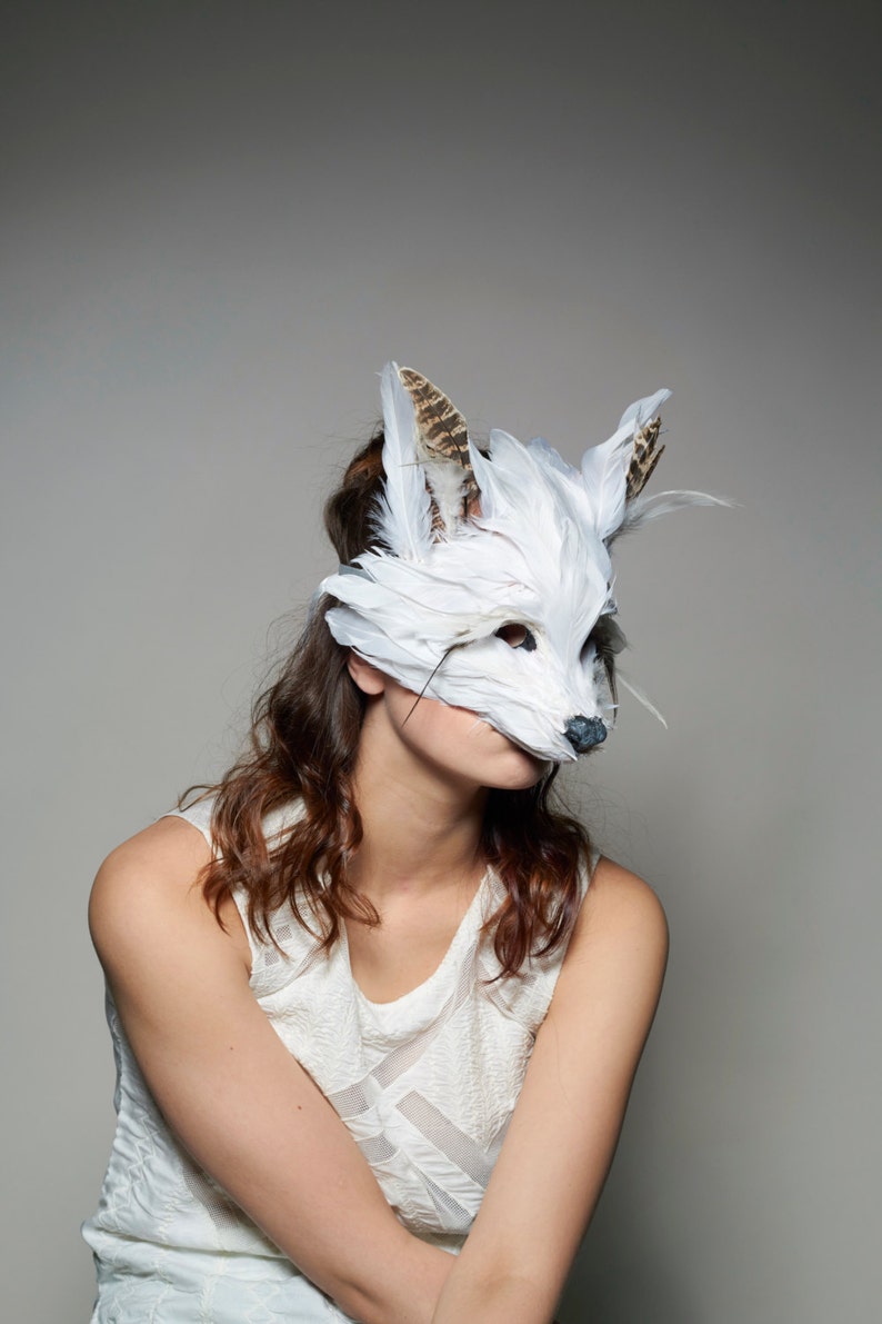 Luxury White Feather Fox Mask, Unisex Adult Fox Mask, Woodland Animal, Festival Headdress, Arctic Fox Mask, Masquerade, Halloween Mask image 3