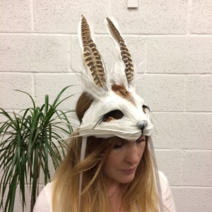 Luxury White & Brown Rabbit Mask, Unisex Bunny Headdress, Hare Mask, Feather Animal Mask, Alice In Wonderland, Masquerade Mask, Cosplay image 3