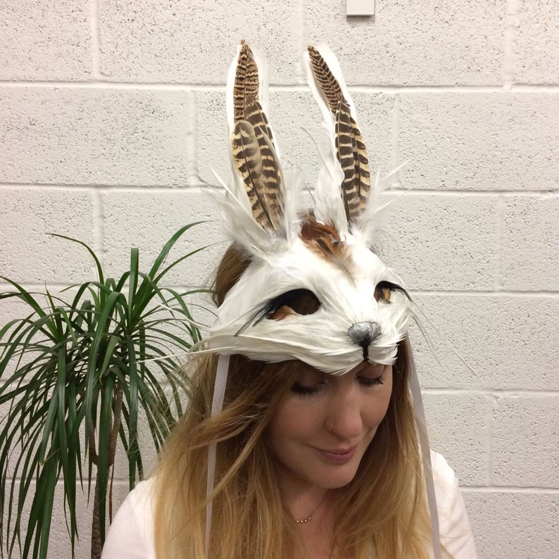 Luxury White & Brown Rabbit Mask, Unisex Bunny Headdress, Hare Mask, Feather Animal Mask, Alice In Wonderland, Masquerade Mask, Cosplay image 2