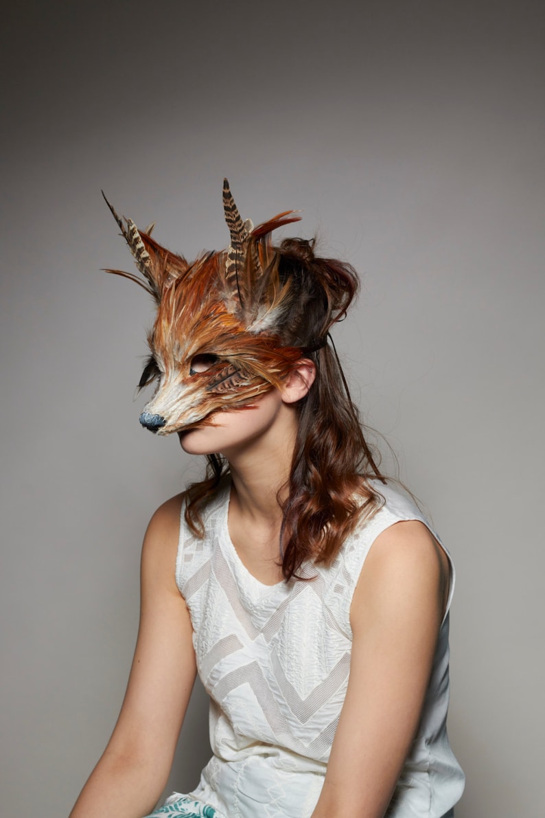 Luxury Red Fox Mask, Unisex Adult Fox Mask, Woodland Animals, Festival Feather Headdress, Carnival Mask, Fox Masquerade Mask, Fox Mask image 2