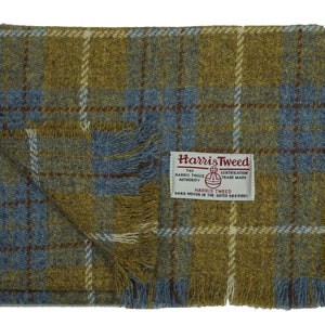 Harris Tweed Pure Wool Luxury Mens & Womens Fringed Scarf .. Mustard/Blue Check