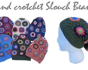 Slouch Beanie Fair Trade Boho Hand Knitted / Crochet Wool Hat Festival- various.