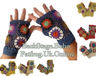 Fingerless knitted crochet Gloves Wrist Handmade Boho Hippie Mitts Mittens