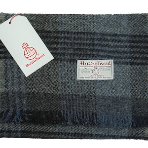 Écharpe de luxe pure laine Harris Tweed pour hommes et femmes à franges Noir/Gris/Bleu