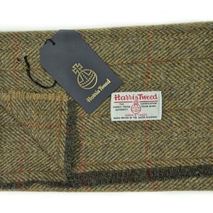 Harris Tweed Pure Wool Luxury Mens & Womens Fringed Scarf .. Olive/Brown Overcheck