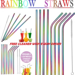 RAINBOW STRAIGHT 215mm Metal Drinking Straws Stainless Steel Reusable Straw  &  FREE cleaner